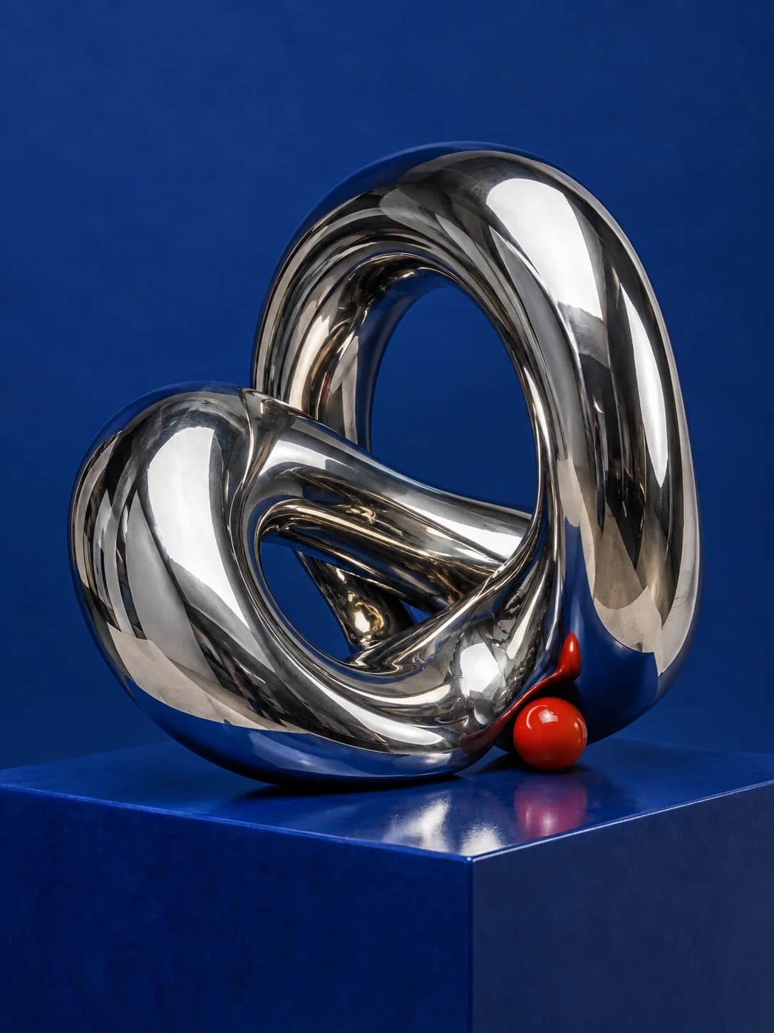 A polished chrome sculpture against cobalt blue